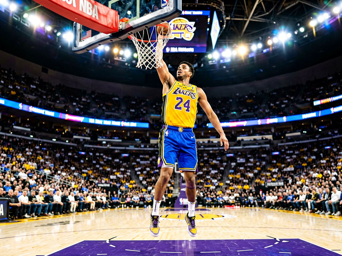 NBA比赛中球员突破上篮，球场灯光璀璨